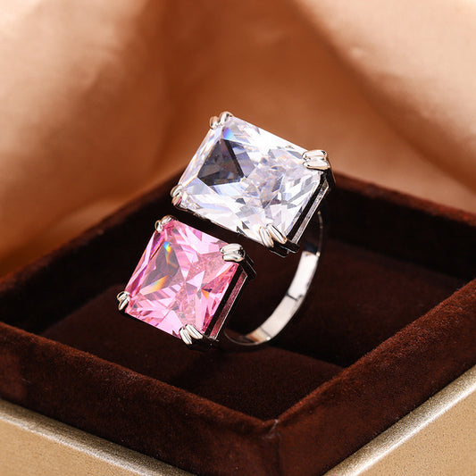 Artificial Topaz Square Ring Female Simple Micro Inlaid Zircon