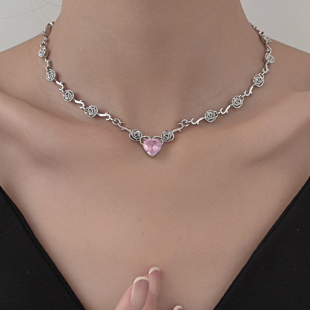 Rhinestone Love Rose Chain Necklace For Women