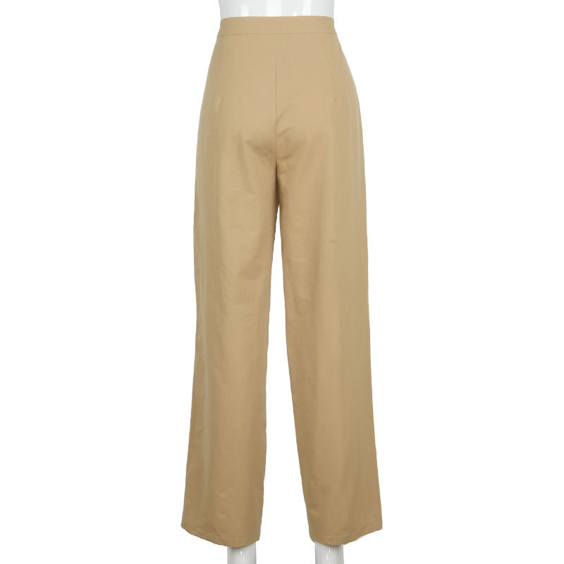 Khaki Women High Waist Loose Trousers