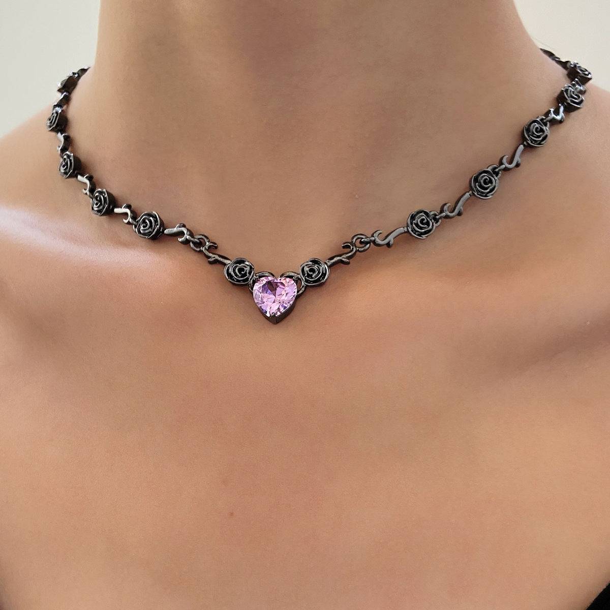 Rhinestone Love Rose Chain Necklace For Women