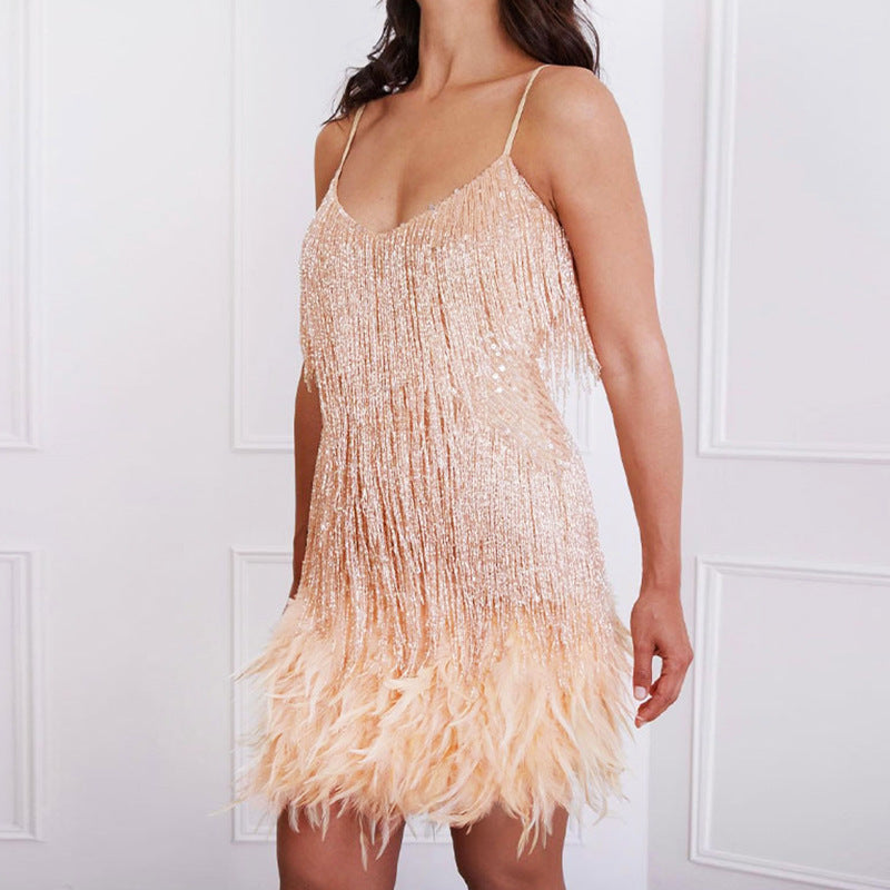 Tassel Stitching Feather Sequins Dress