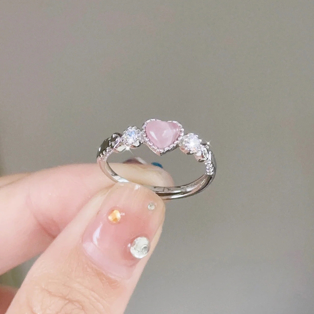 Pink Opal Love Heart-shaped Ring Women's Design Sense Niche