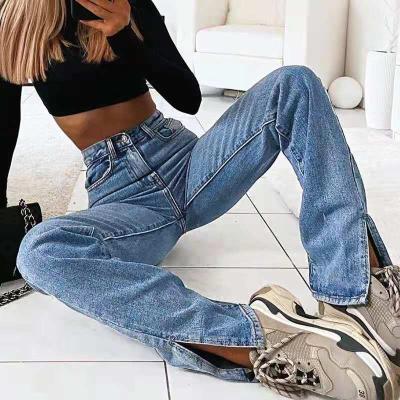 Retro Straight Split Denim Trousers Women Washed